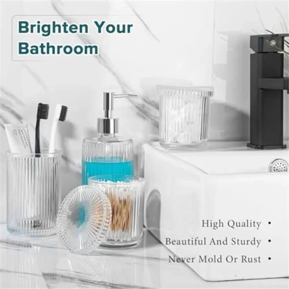 Clear Glass Bathroom Accessories Set Soap Dispenser Toothbrush Holder Qtip